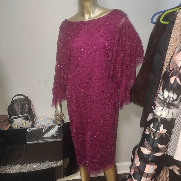 NWT $$269 Adrianna Papell Fully Beaded Cocktail Dress with Flutter Sleeves - Picture 6 of 12